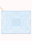 Light blue pouch with white floral pattern and gold text on a white background