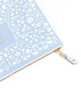 Light blue pouch with white floral pattern on a white background