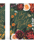 Floral design book cover with 'The Holy Bible' text on a green background