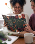 Two women reading a floral-covered Bible together, with a cup on a table in the foreground.