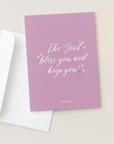 Purple lavender card with 'The Lord bless you and keep you' text on a light surface
