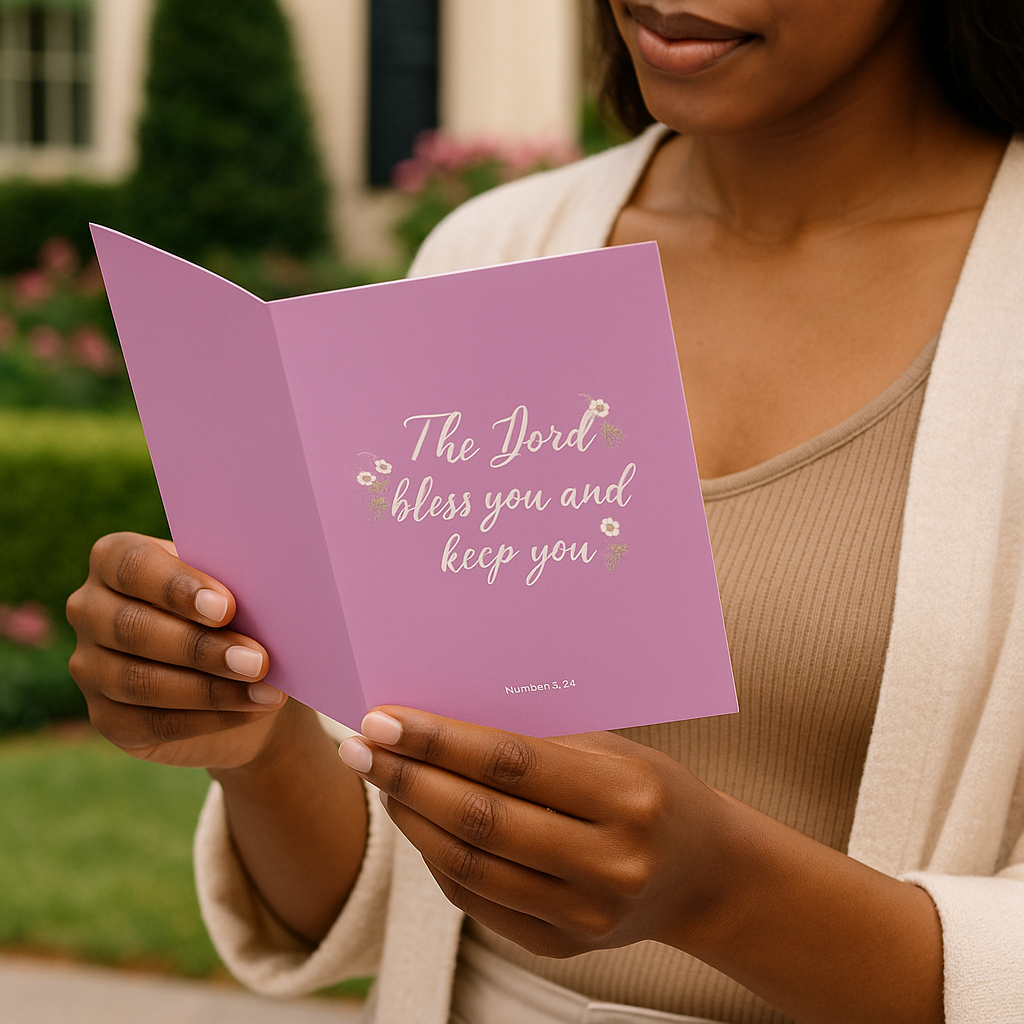 Person holding a pink card with text outdoors
