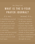 Text explaining the purpose of a 5-year prayer journal on a brown background