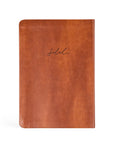 Brown leather notebook with 'Soleh' branding on a white background