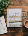 Book titled 'The Lord's Prayer' on a wooden table with a cup of coffee and a plant.