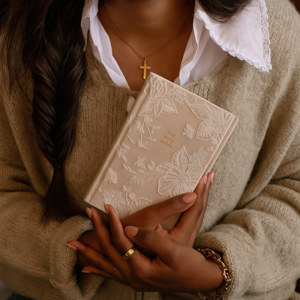 Person holding a beige Bible with floral designs, wearing a gold cross necklace and bracelet.