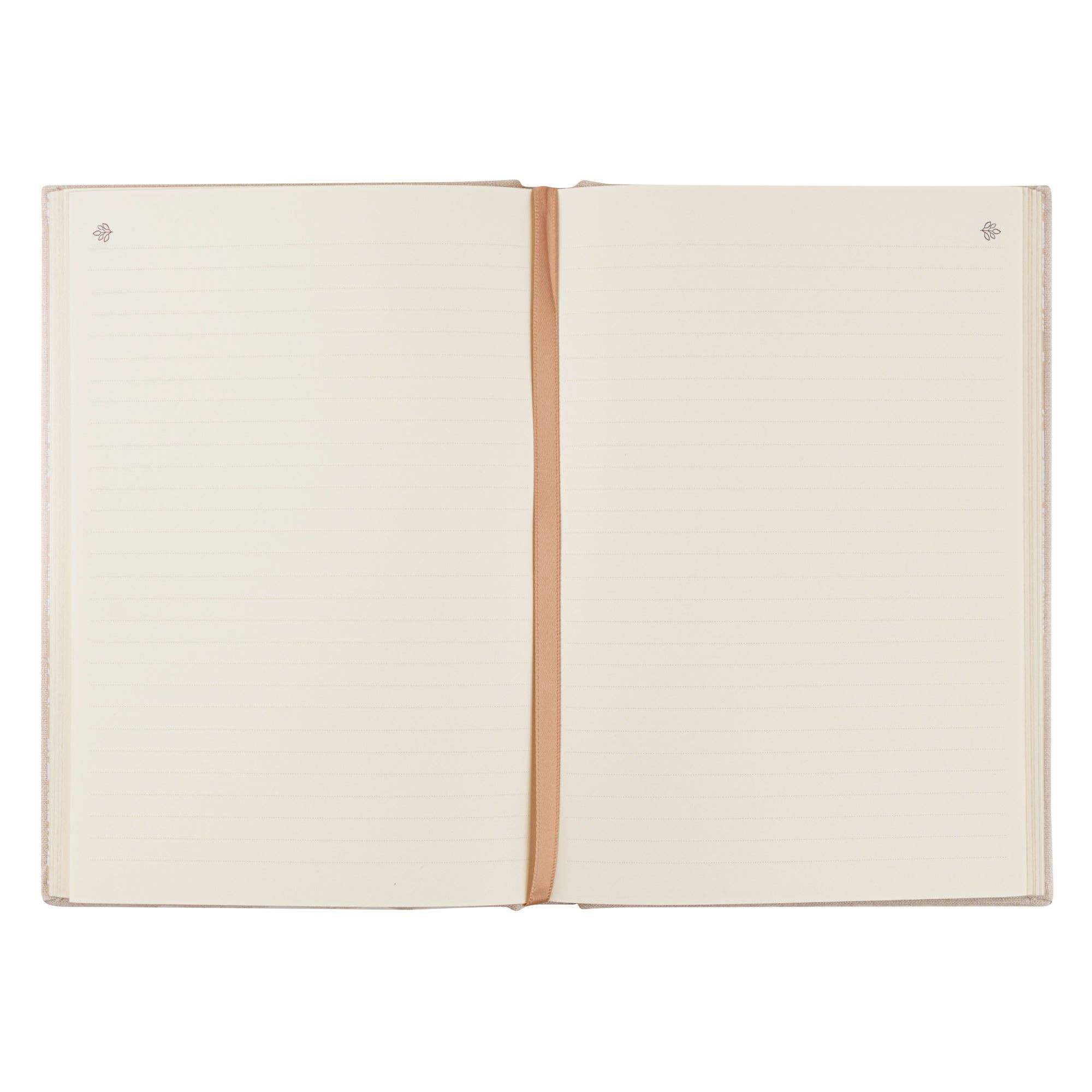 Open notebook with beige pages and a brown binding on a white background