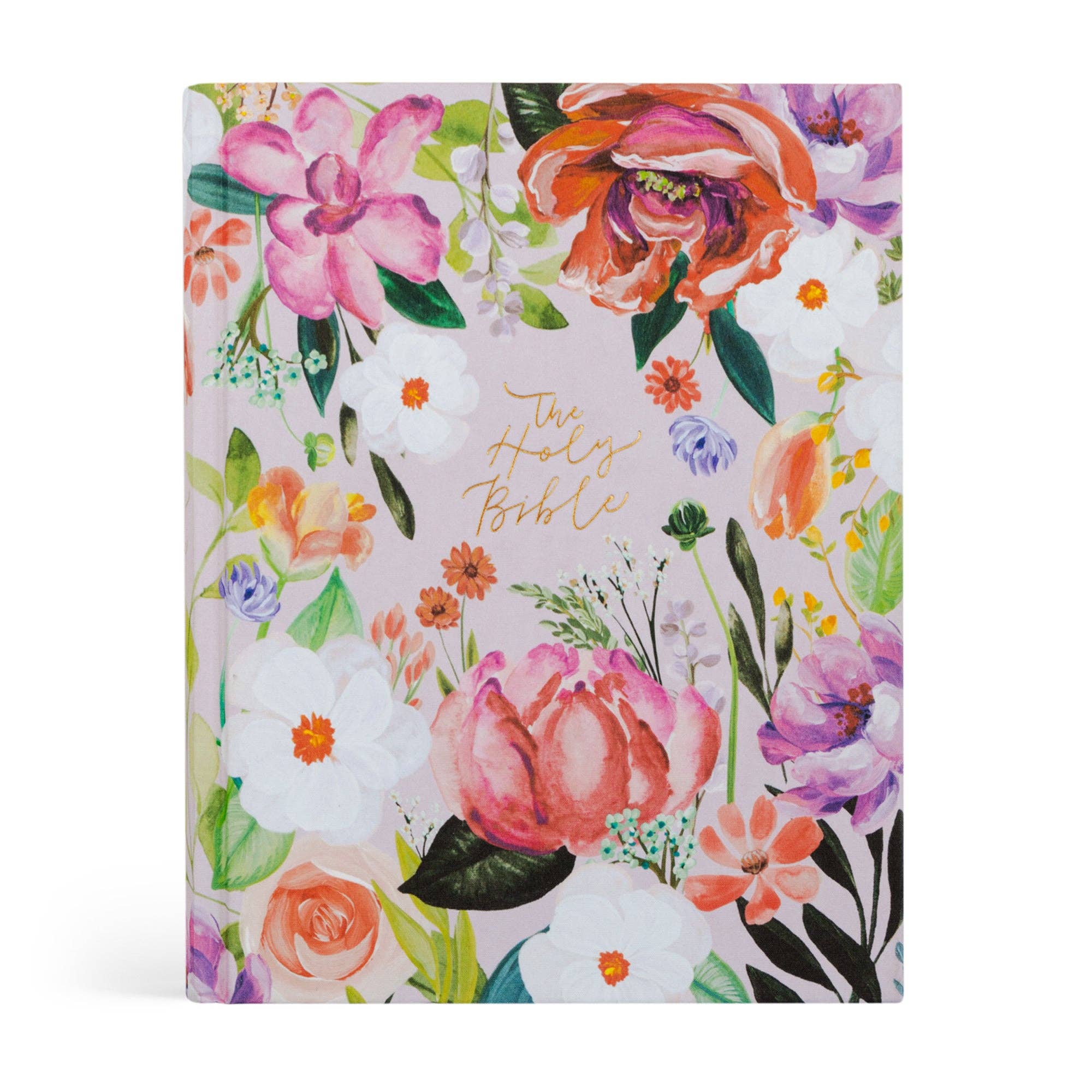 Floral notebook with colorful flowers and 'The Holy Bible' text on a white background