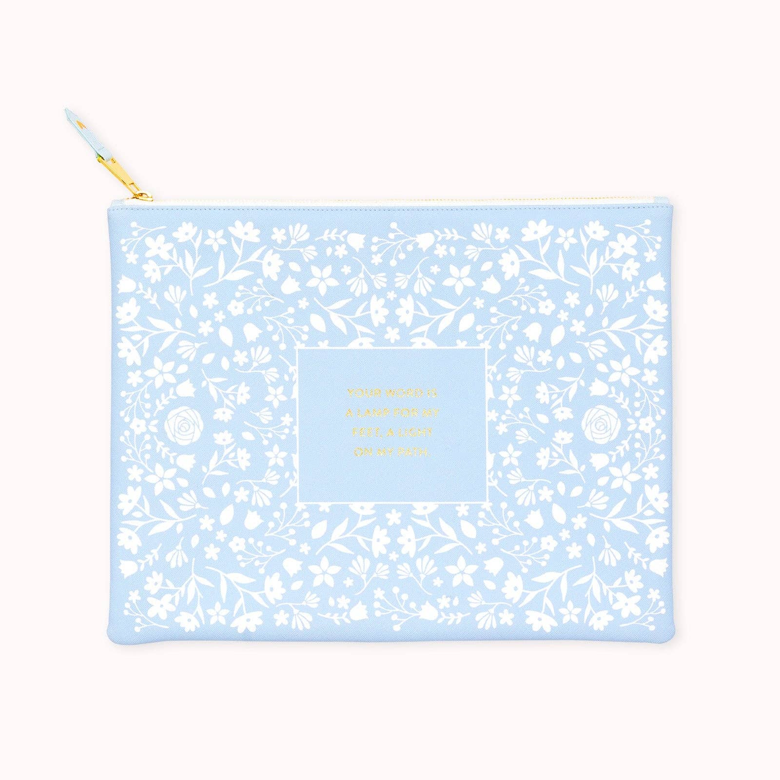 Light blue pouch with white floral pattern and gold text on a white background