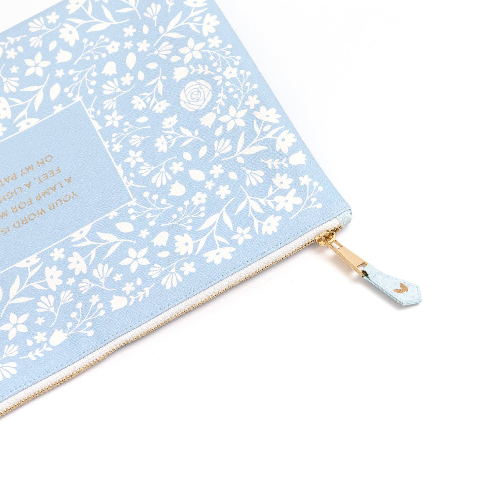 Light blue pouch with white floral pattern on a white background