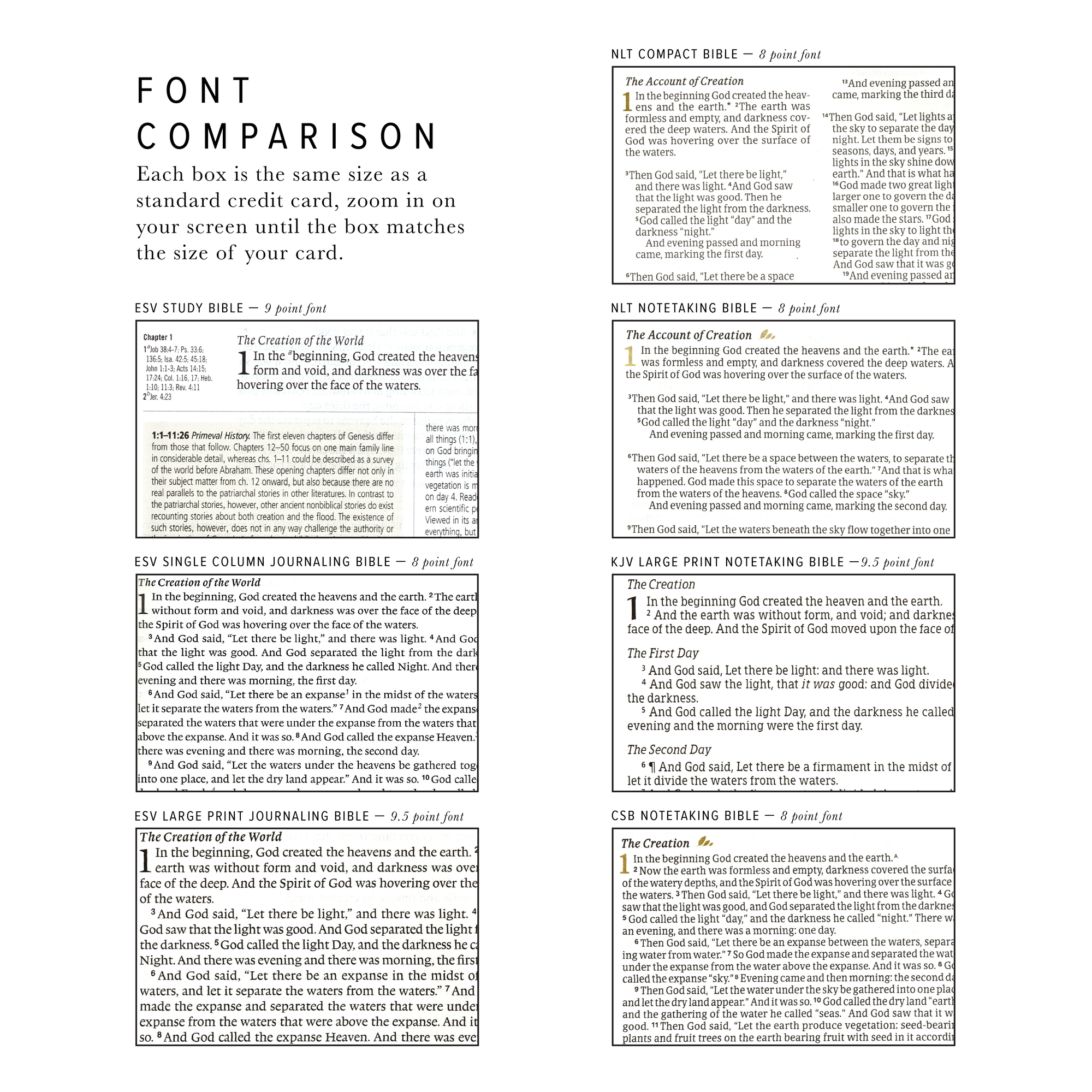 Font comparison chart for different Bible translations on a white background