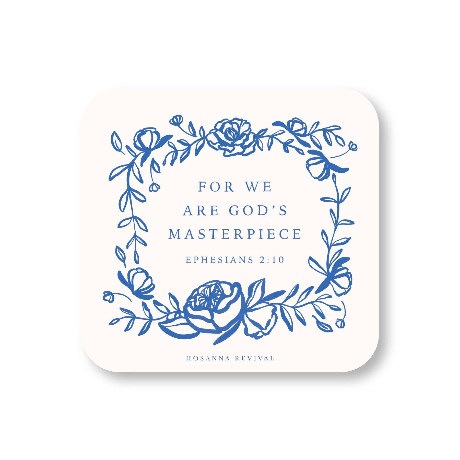 Decorative coaster with blue floral design and text on a white background