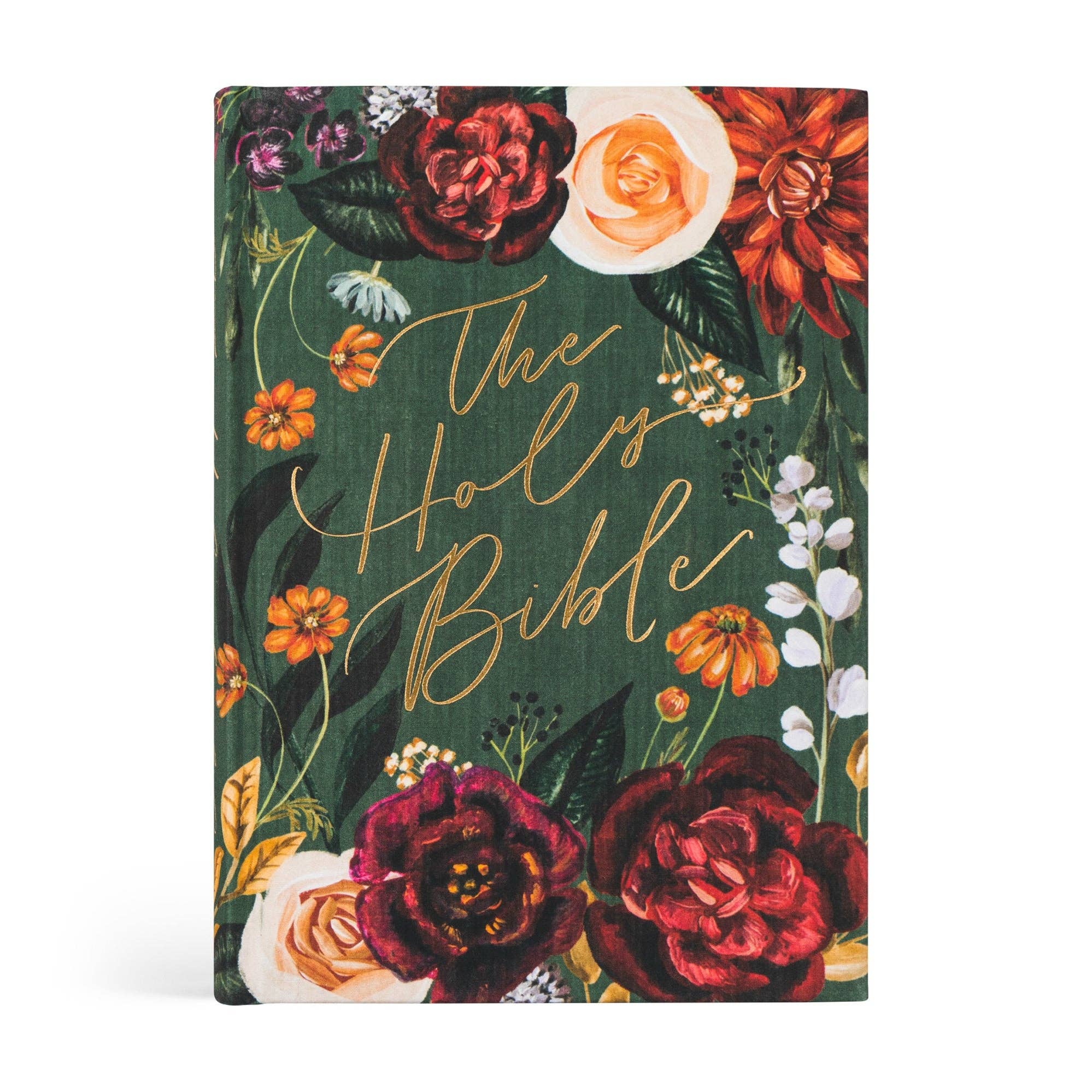 Floral design book cover with 'The Holy Bible' text on a white background