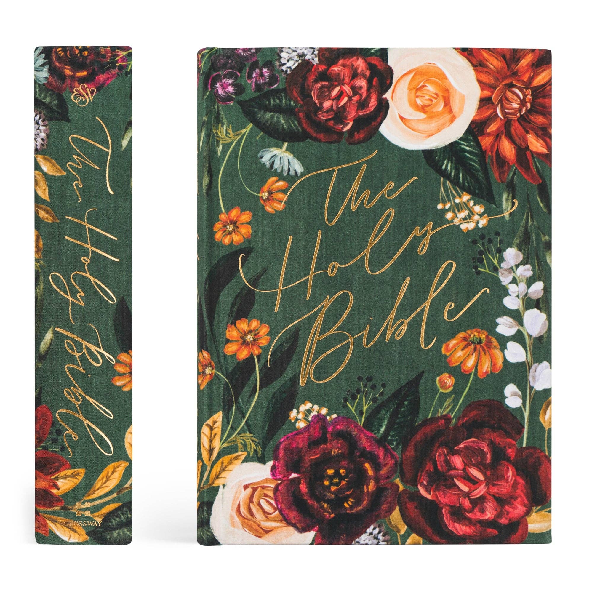 Floral design book cover with 'The Holy Bible' text on a green background