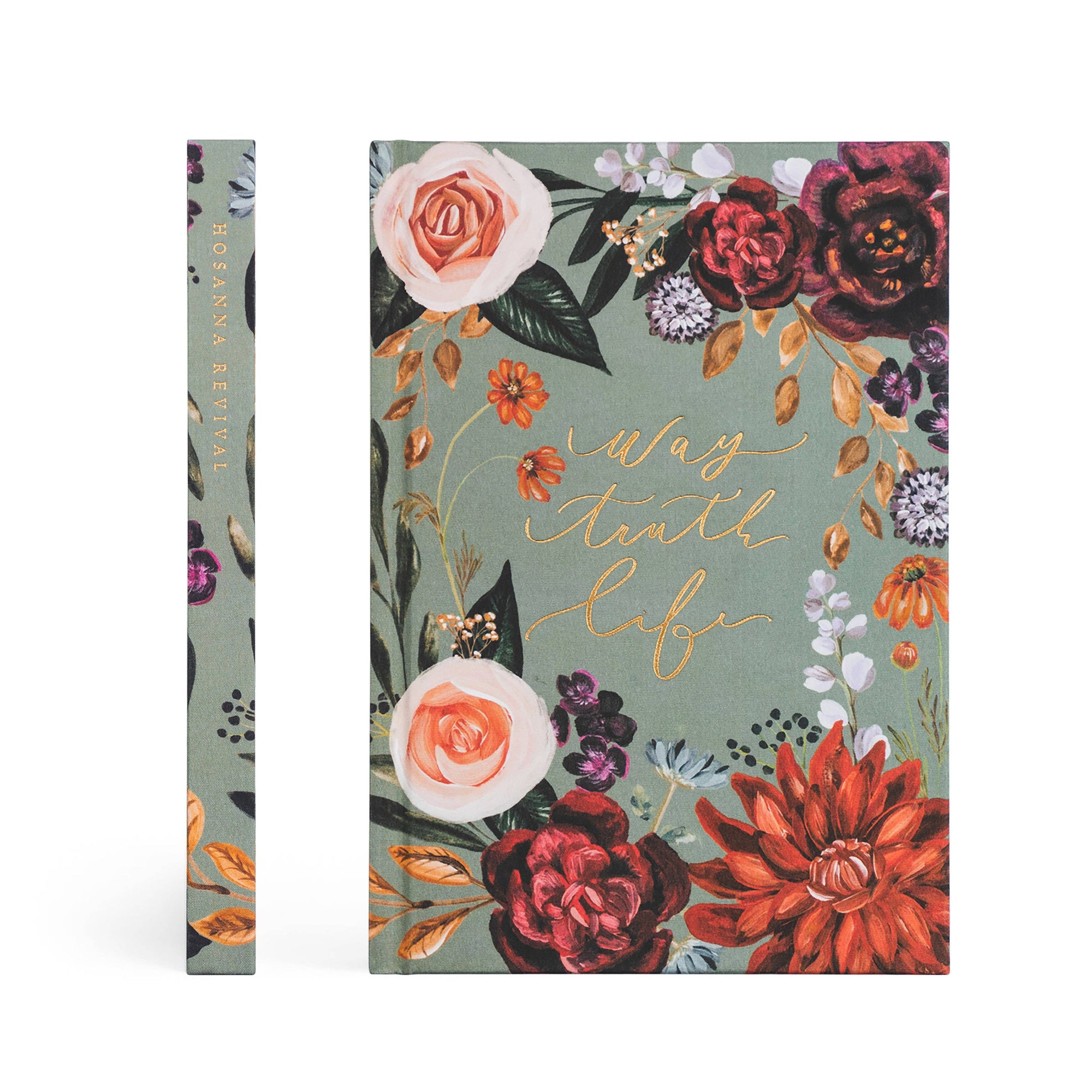 Floral notebook with colorful flowers and text on a green background