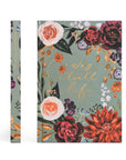 Floral notebook with colorful flowers and text on a green background