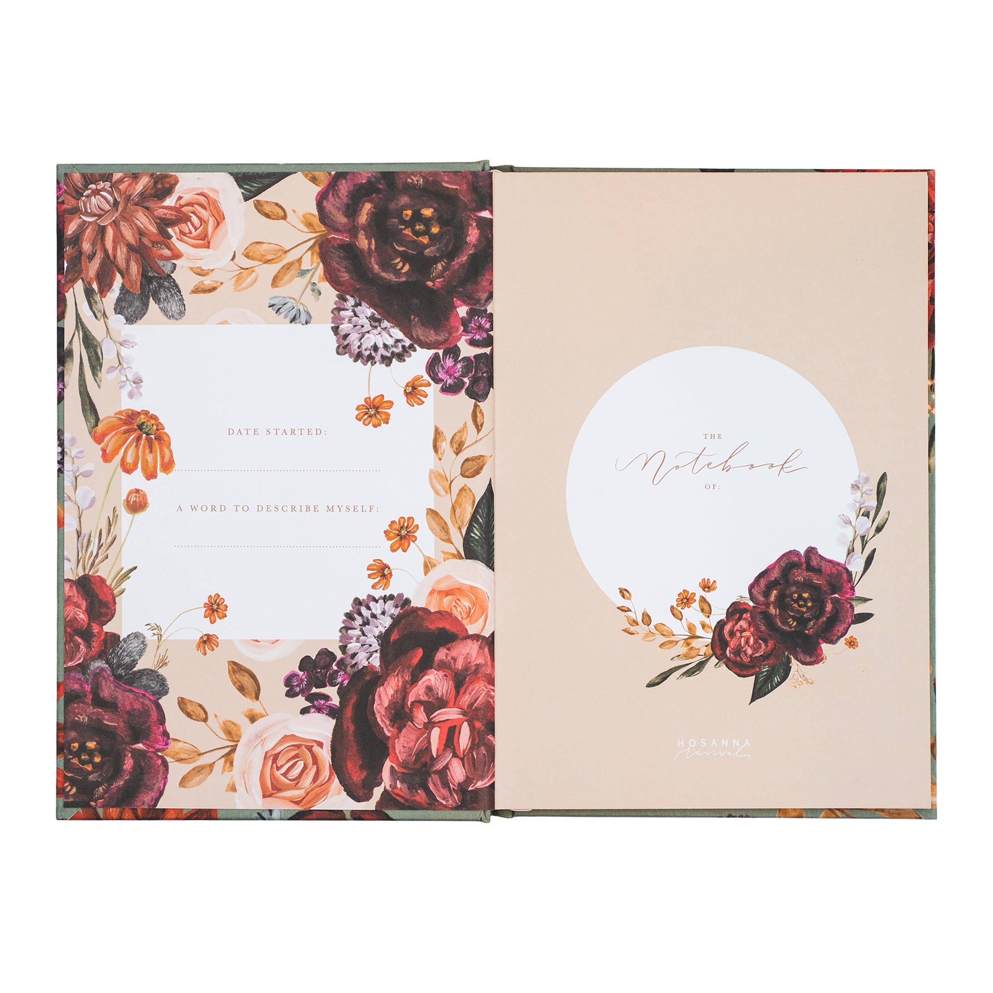 Floral notebook with decorative cover and beige interior on a white background