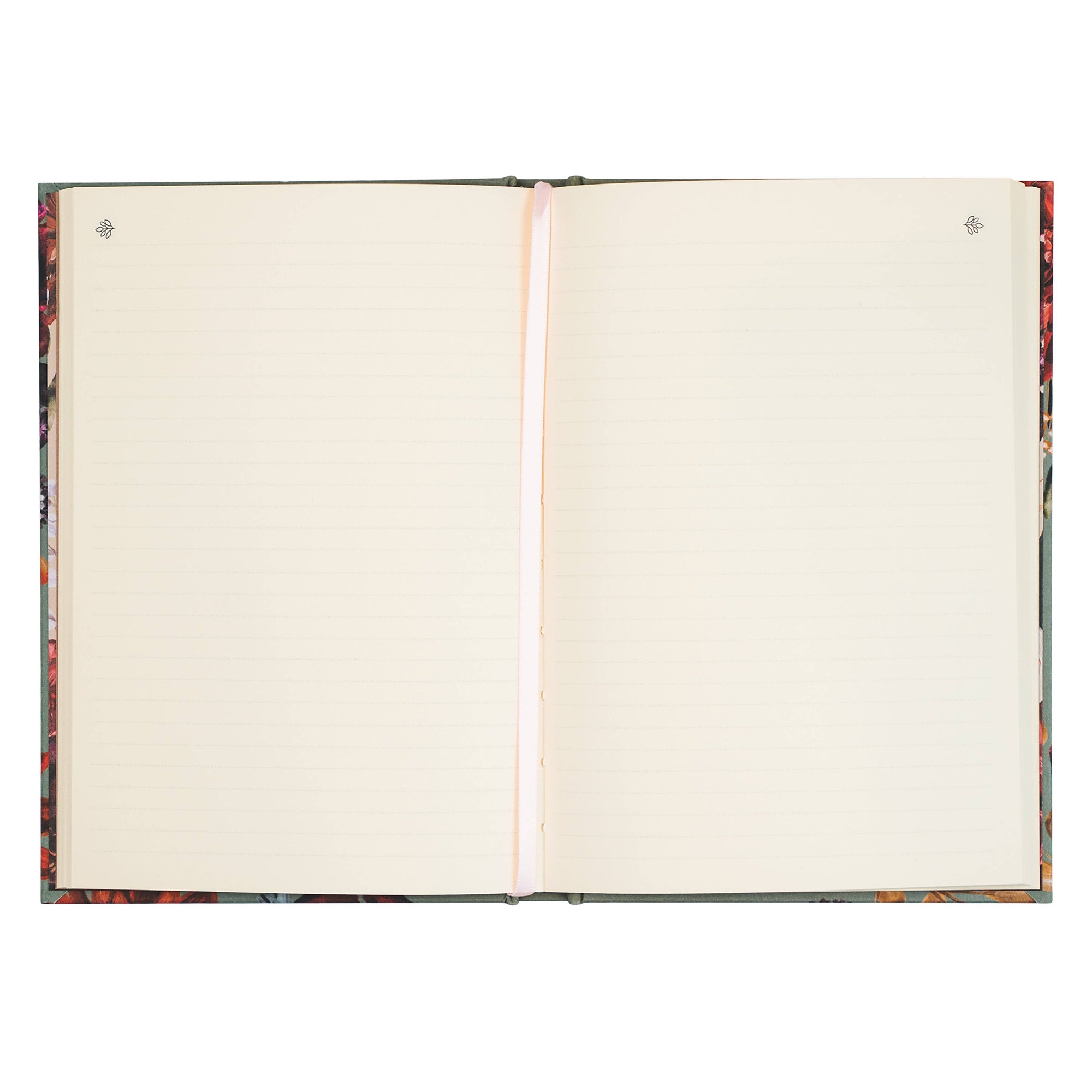 Open notebook with floral design on the cover on a white background