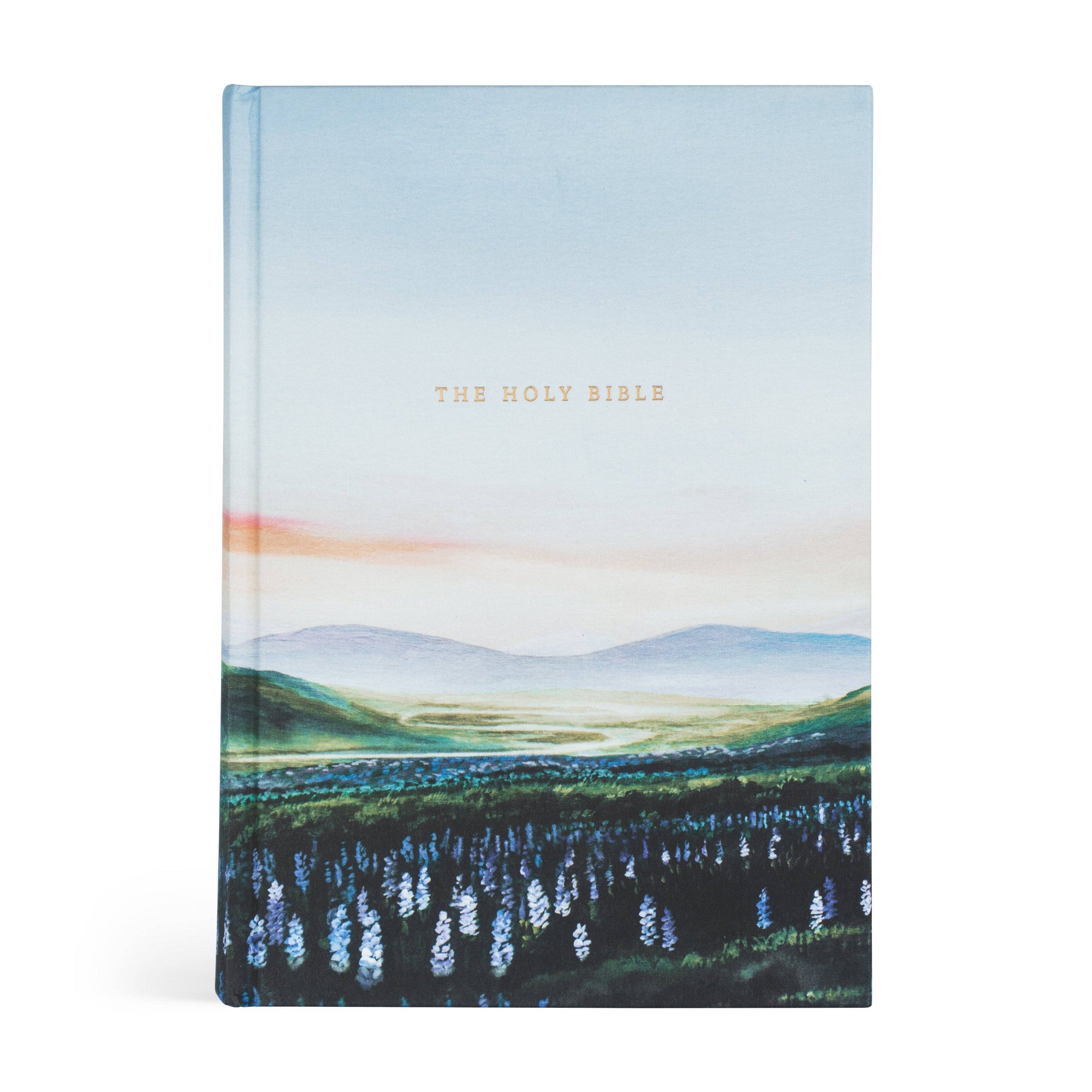 Holy Bible with a scenic cover design on a white background