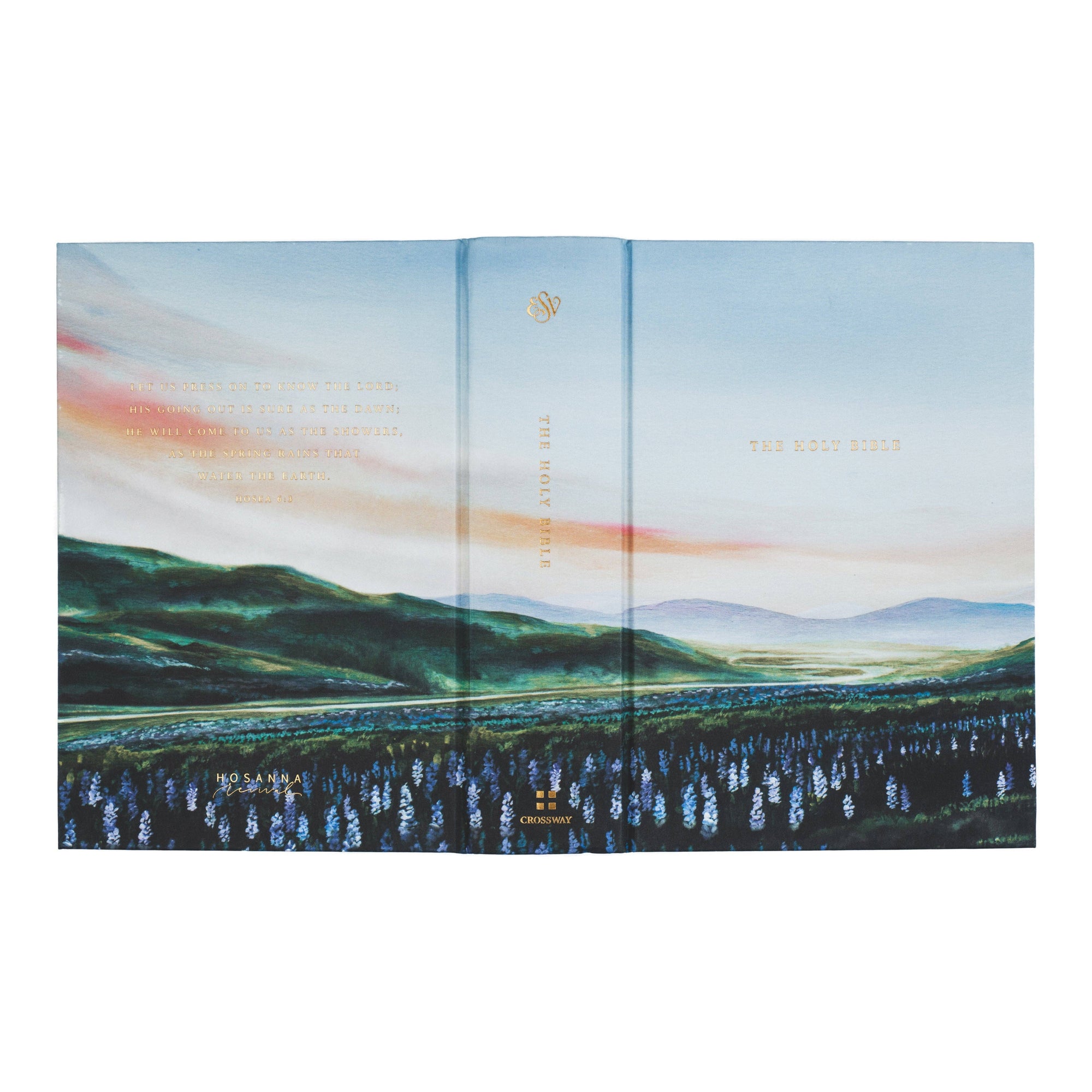 Scarf with a scenic design of mountains and water on a white background