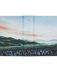 Scarf with a scenic design of mountains and water on a white background