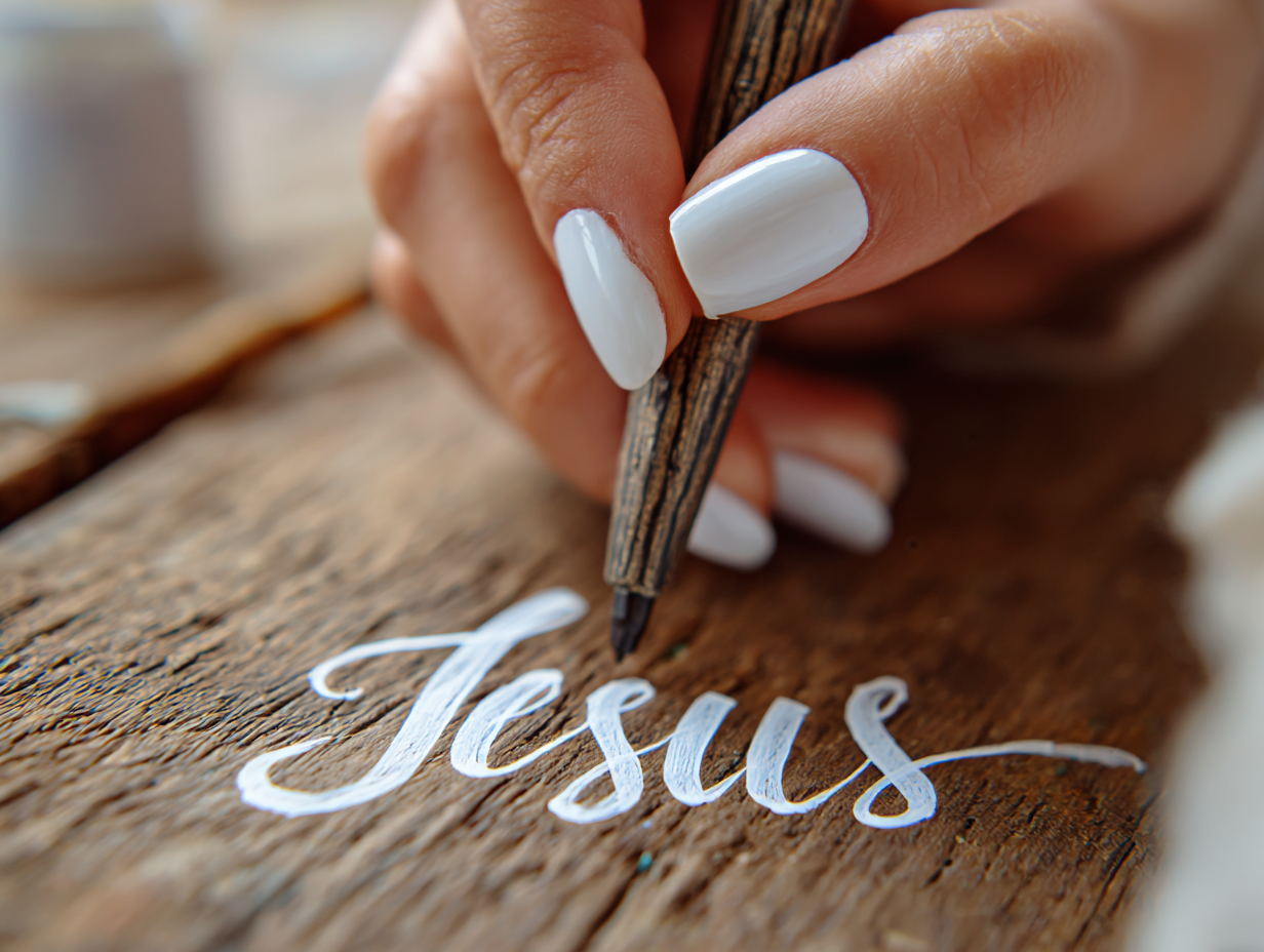Hand writing 'Jesus' on a wooden surface with a pen.