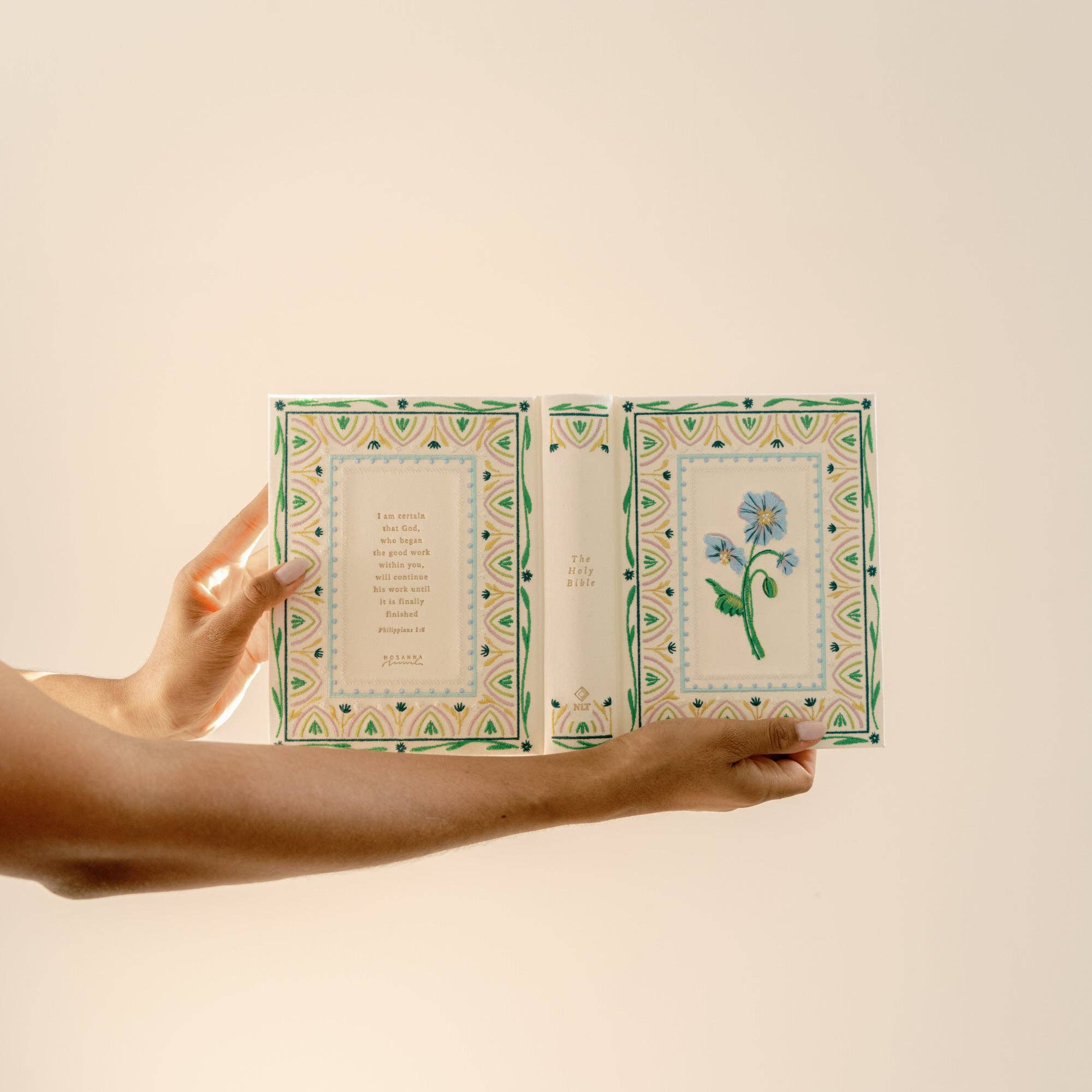 Hand holding an open book with decorative pages on a beige background