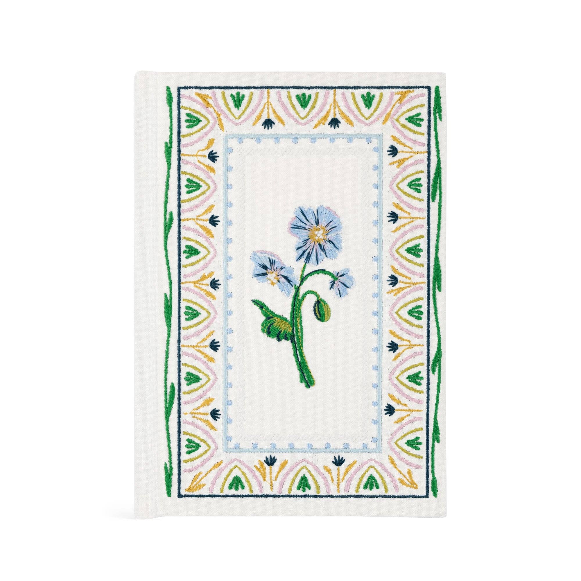 Decorative card with floral design and geometric border on a white background