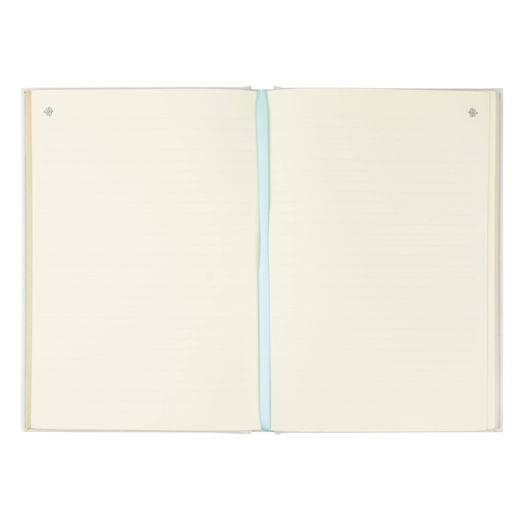 Open notebook with two blank pages and a blue line on a white background
