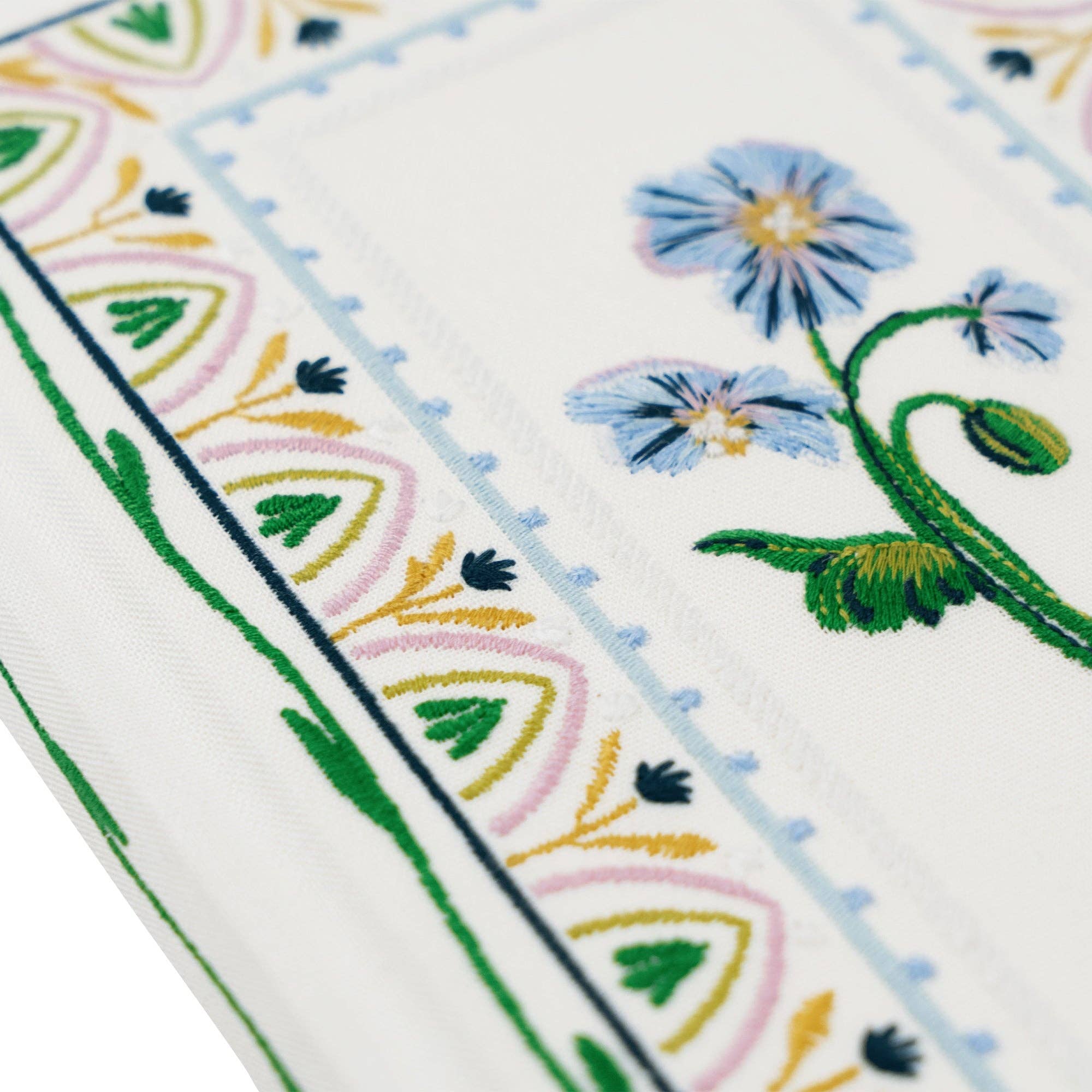 Close-up of embroidered floral design with colorful patterns on a white background
