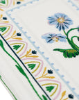 Close-up of embroidered floral design with colorful patterns on a white background