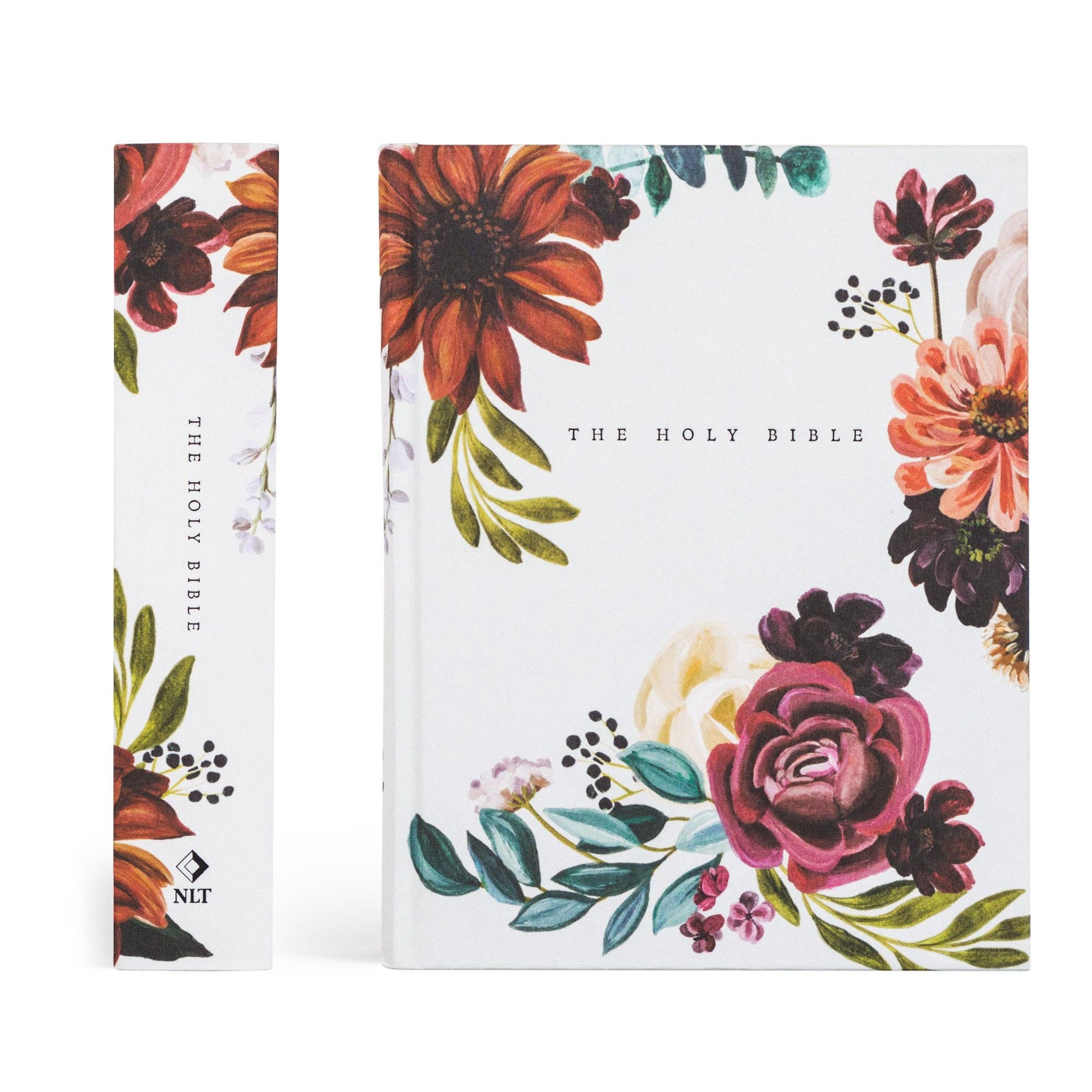 Floral design Bible cover with 'The Holy Bible' text on a white background