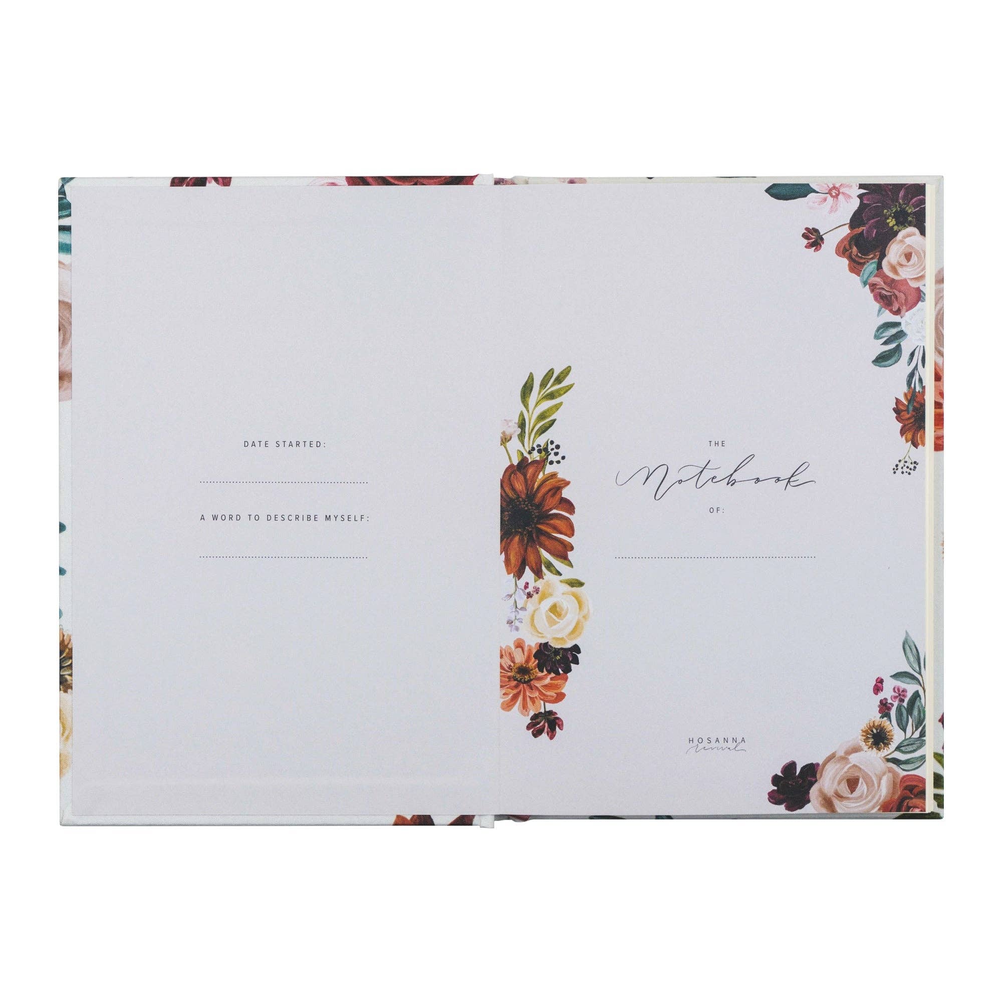 Floral notebook with decorative elements on a white background