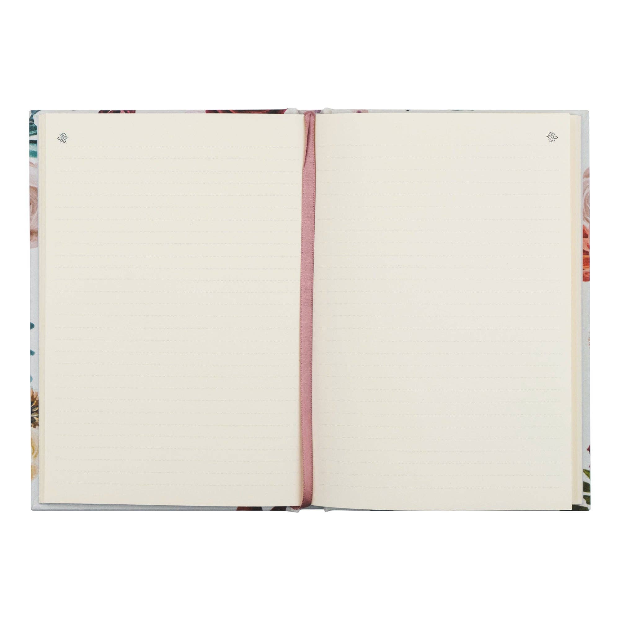 Open notebook with a pink ribbon on a white background