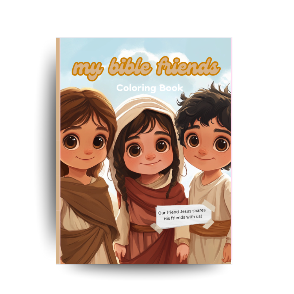 Coloring book cover with cartoon characters and 'my bible friends' text on a white background