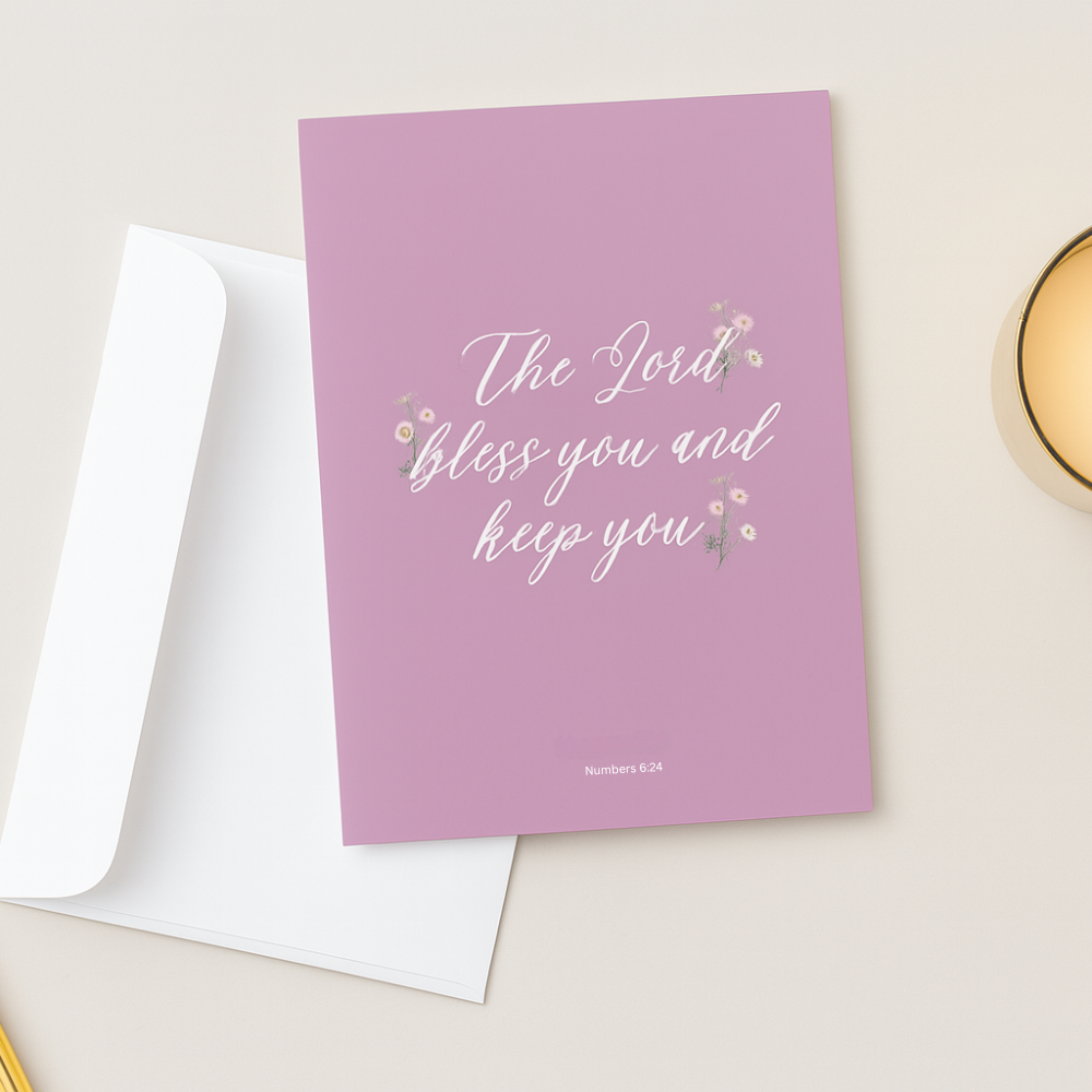 Purple lavender card with 'The Lord bless you and keep you' text on a light surface