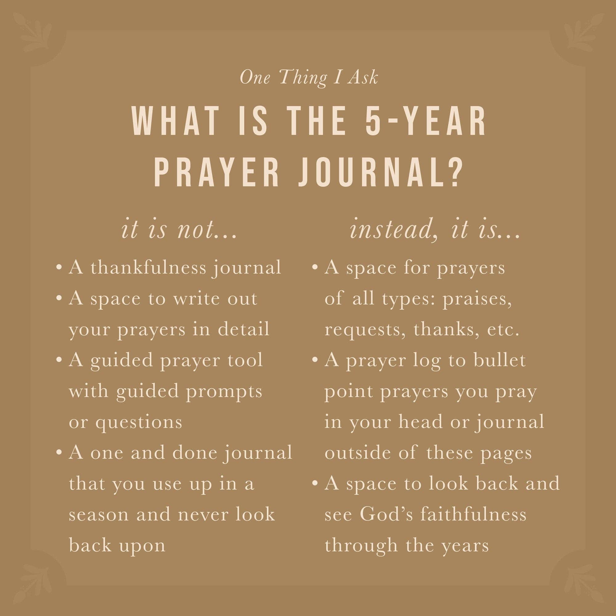 Text explaining the purpose of a 5-year prayer journal on a brown background