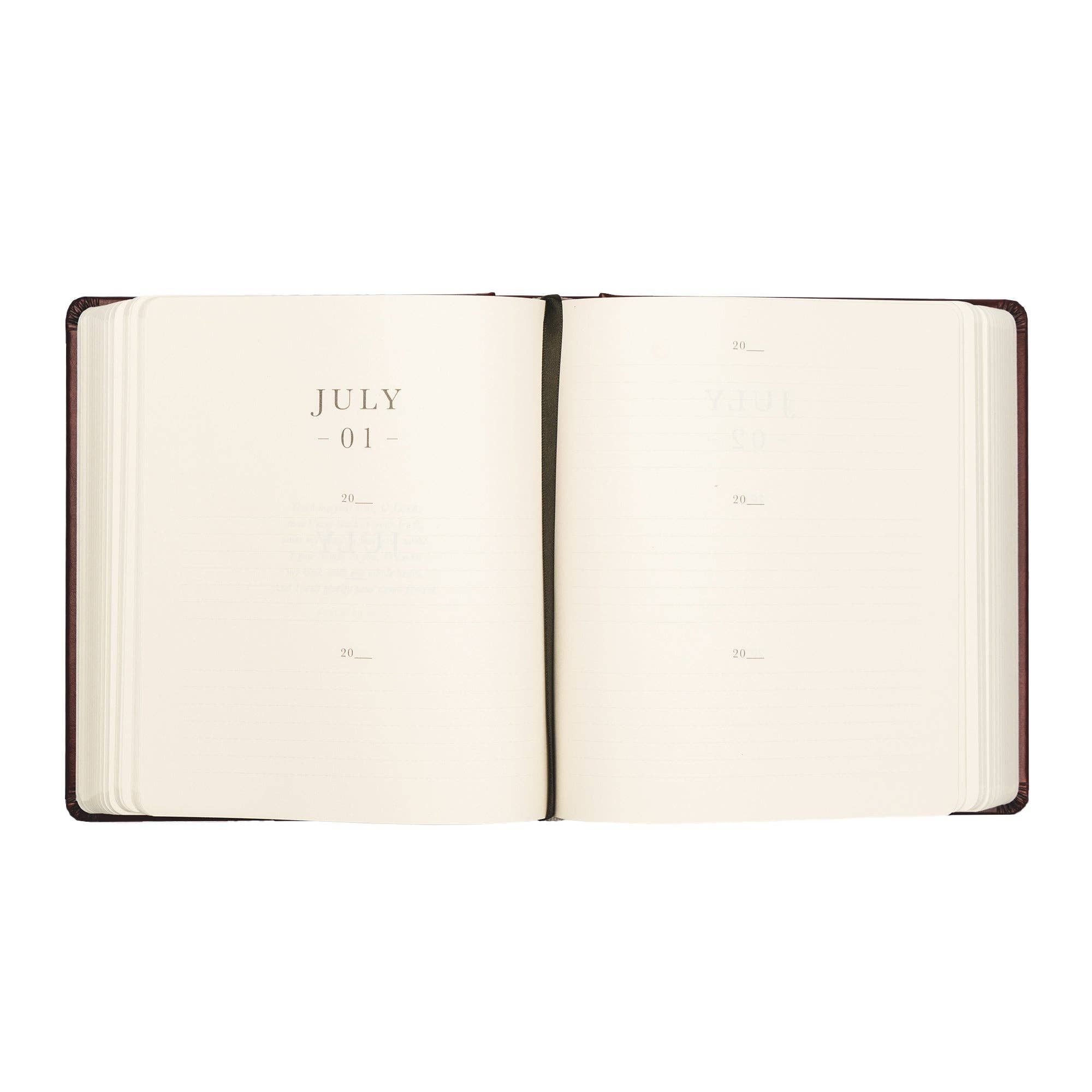 Open notebook with July 01 on a white background