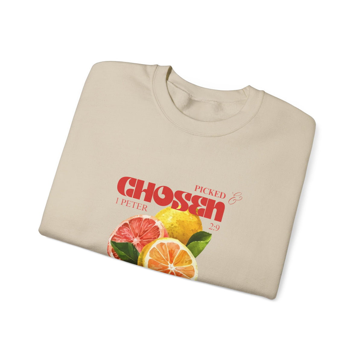 Beige t-shirt with fruit design and text on a white background