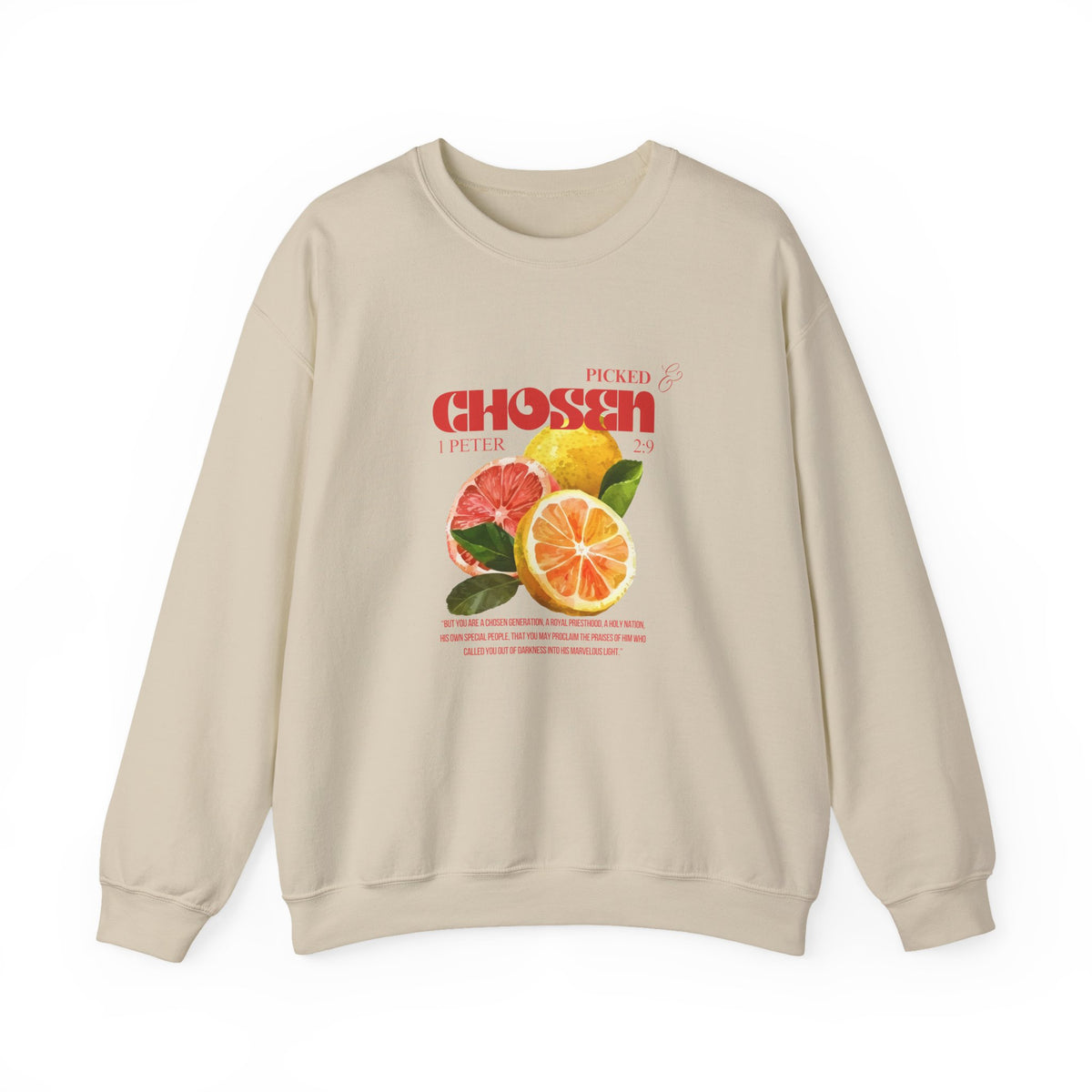 Beige sweatshirt with citrus fruit graphic and text on a white background