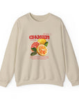 Beige sweatshirt with citrus fruit graphic and text on a white background