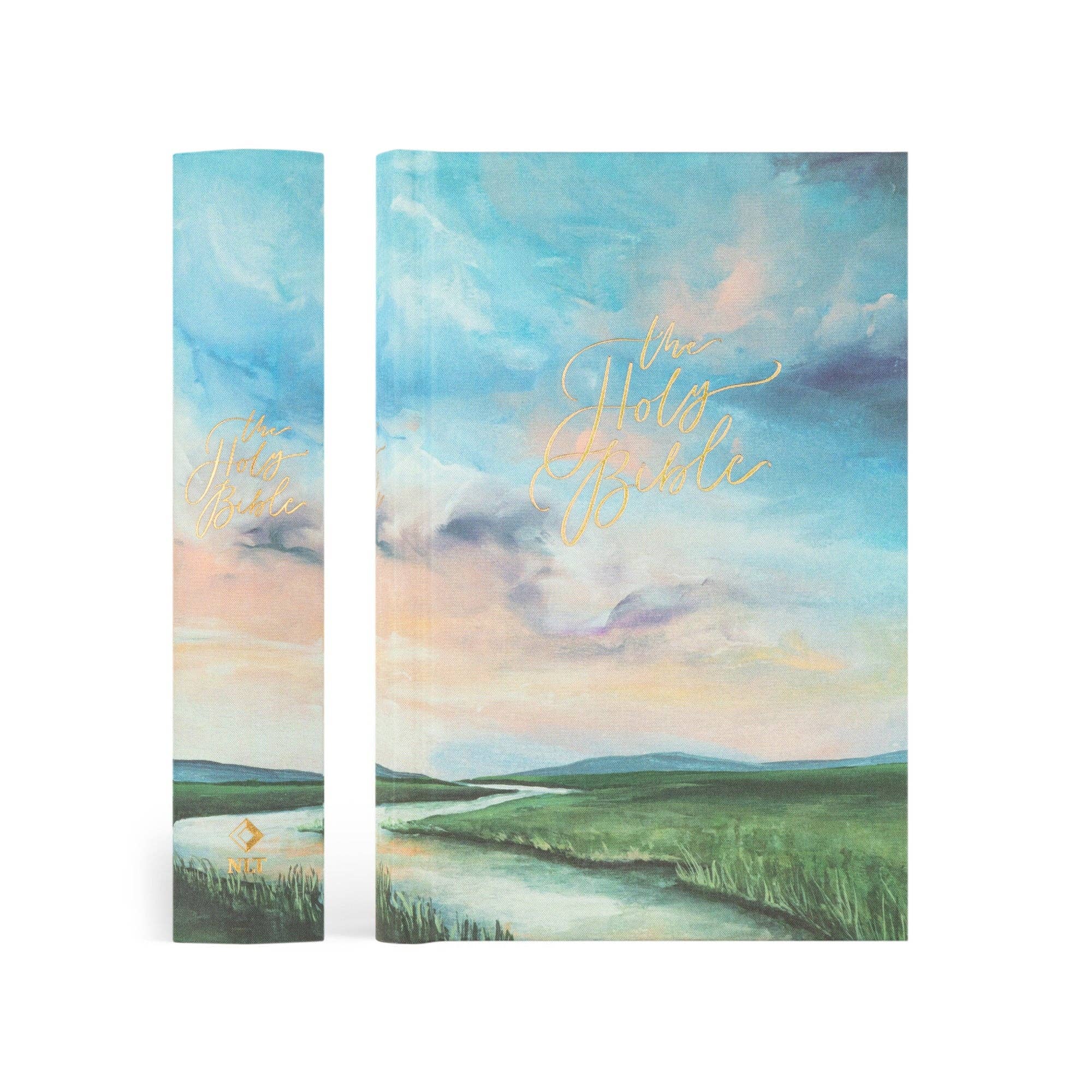 Two panels of a scenic landscape with 'The Holy Bible' text on a white background