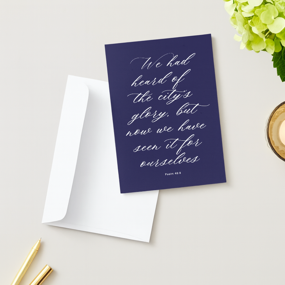 Navy blue card grief card with white text on a light gray background