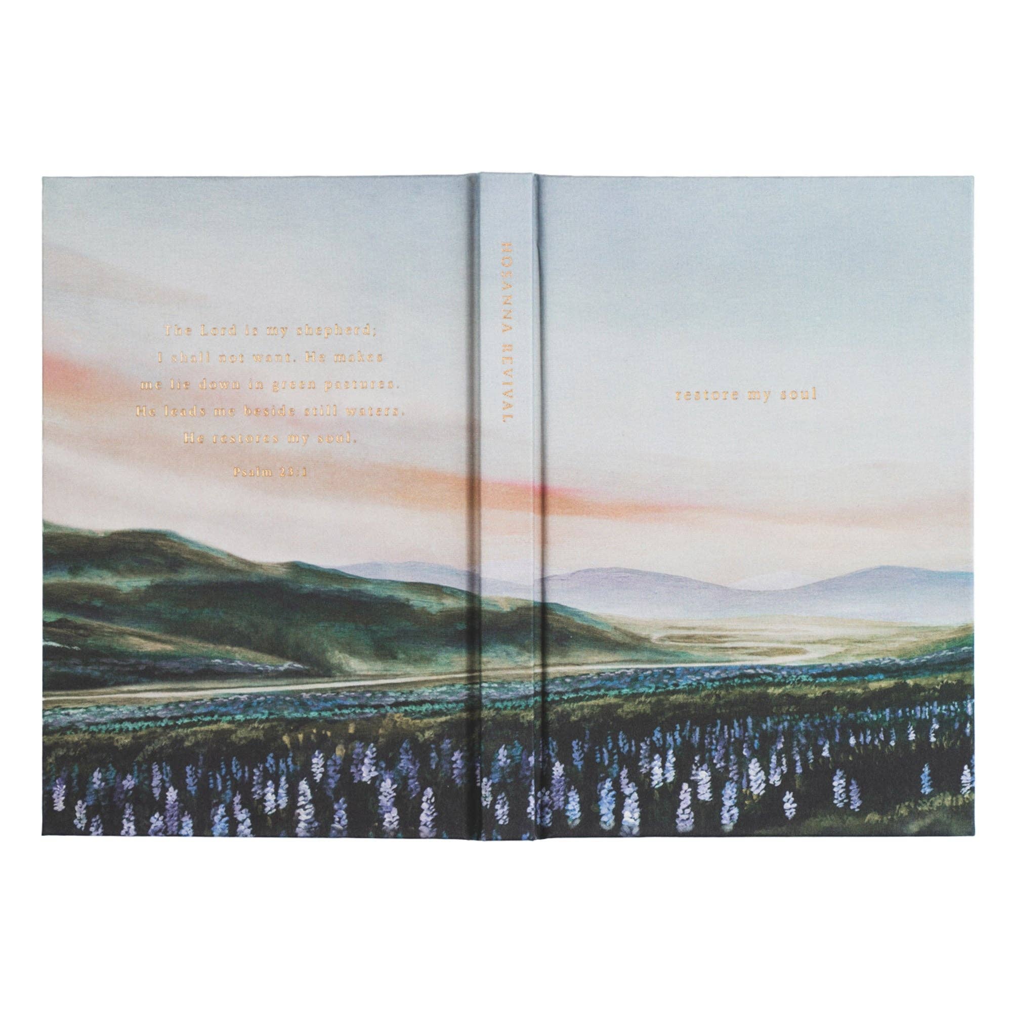Open book with a landscape illustration on each page.