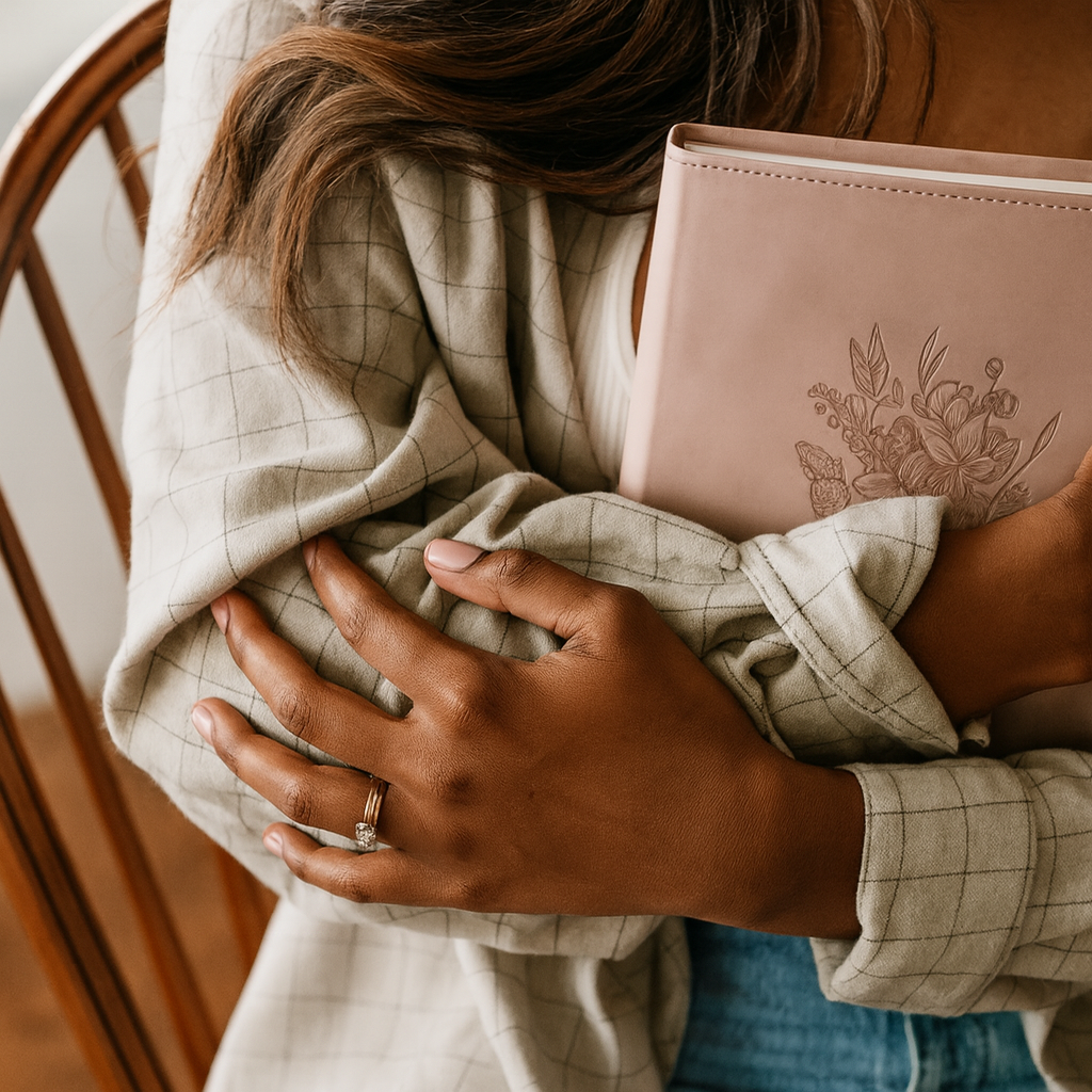 Person holding a pink Bible with floral design, wrapped in a beige blanket.