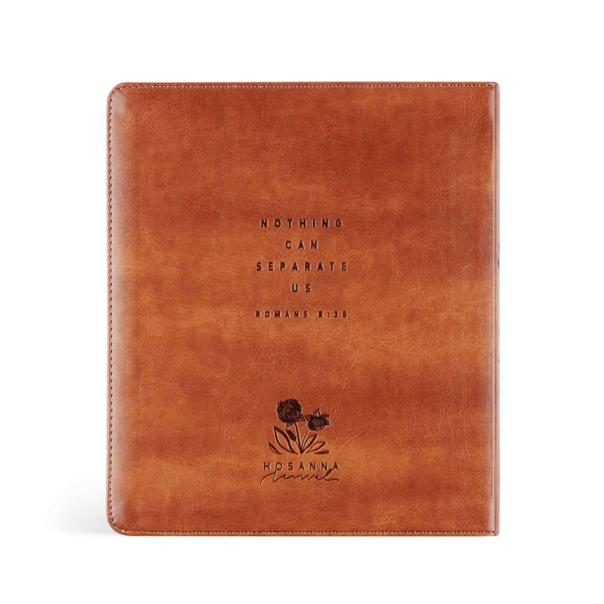 Brown leather-bound book with engraved text and logo on a white background