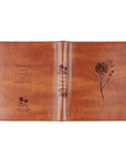 Brown leather Bible cover with floral designs and text on a white background