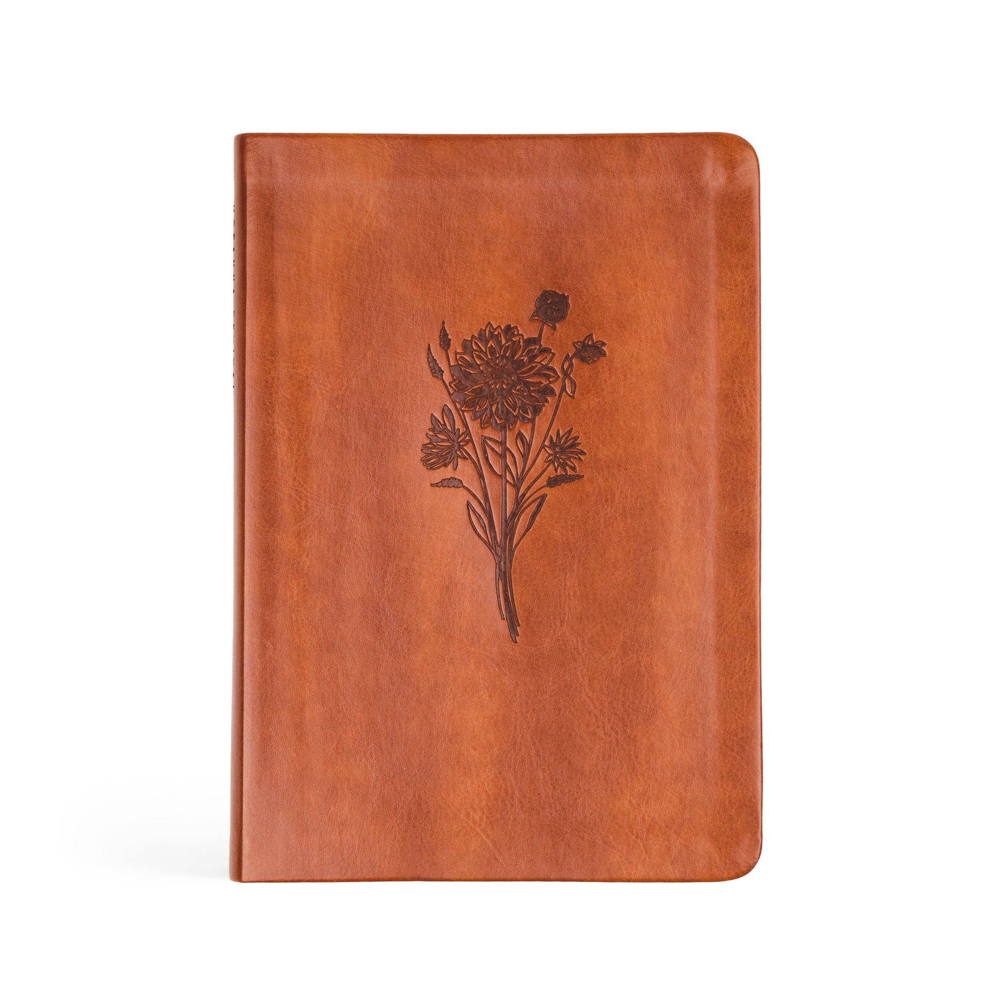Brown leather notebook with floral embossing on a white background