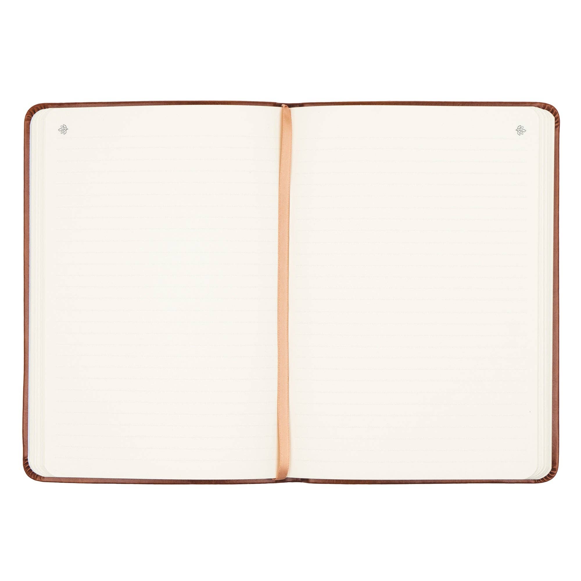 Open notebook with cream pages and brown leather binding on a white background