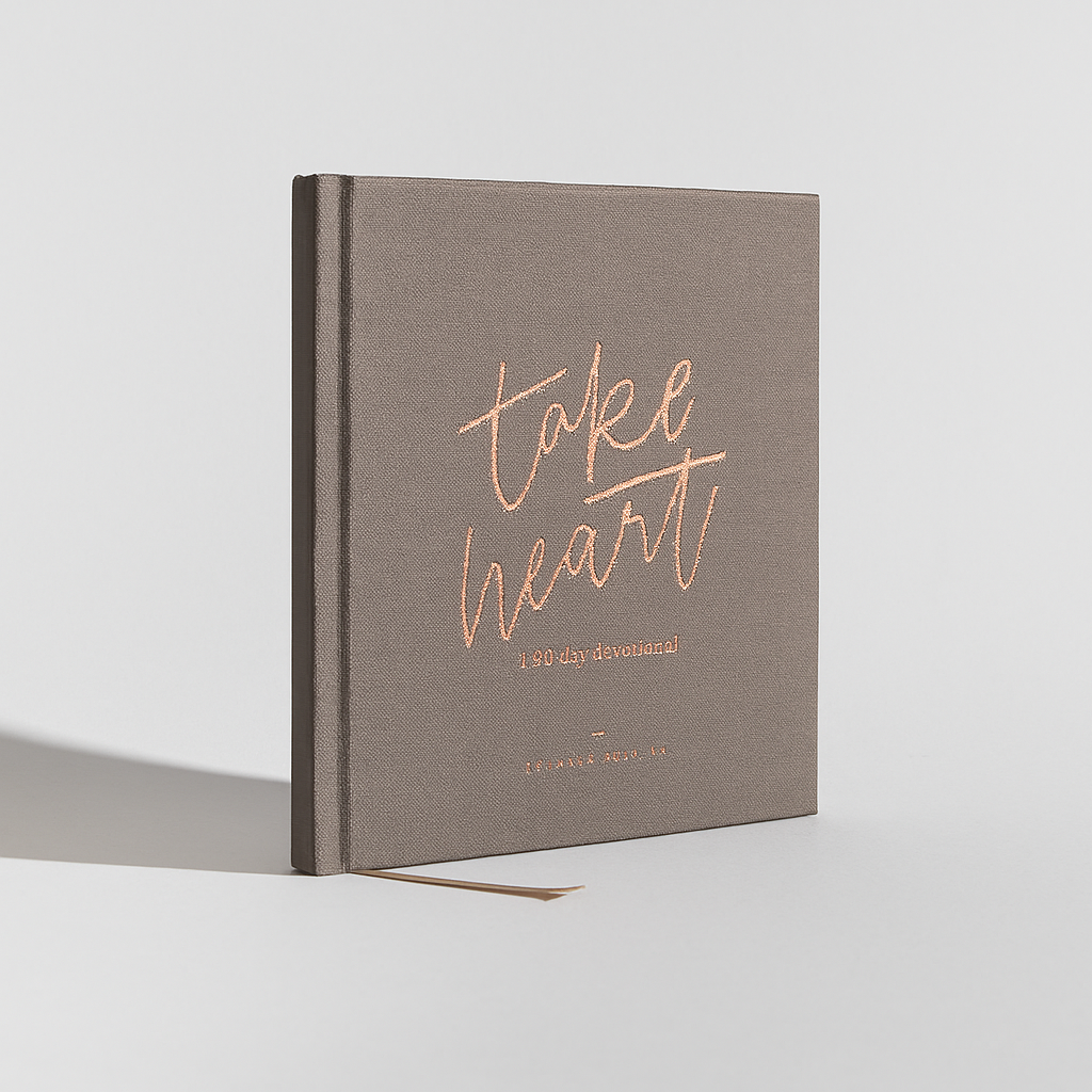 Brown book titled 'take heart' with rose gold text on a light gray background